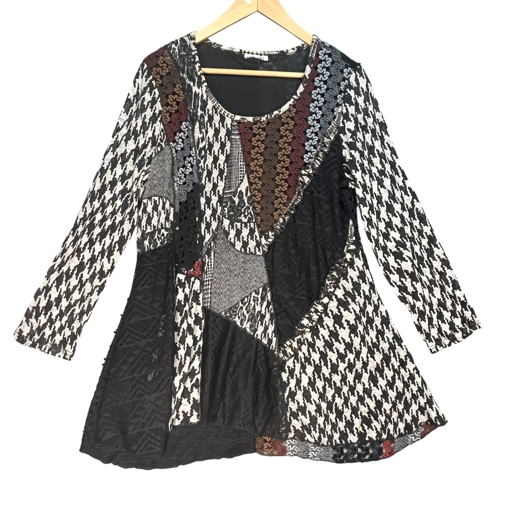 Boho Artsy Patchwork Houndstooth Lagenlook‎ Tunic Top Multicolor Mixed Print S
